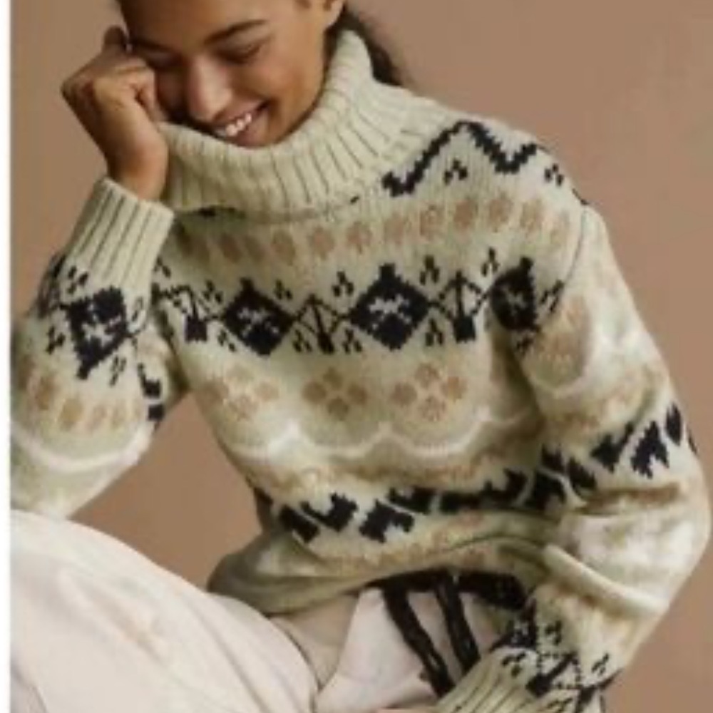 Anthropologie Fair Isle Mint Turtleneck Tunic Sweater